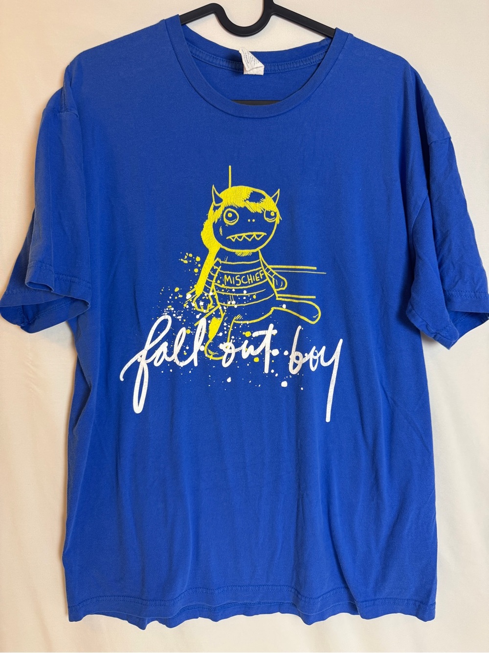 VTG Fall Out Boy Mischief Monster Band Shirt L Royal Blue Y2K Emo Pop Punk Tour